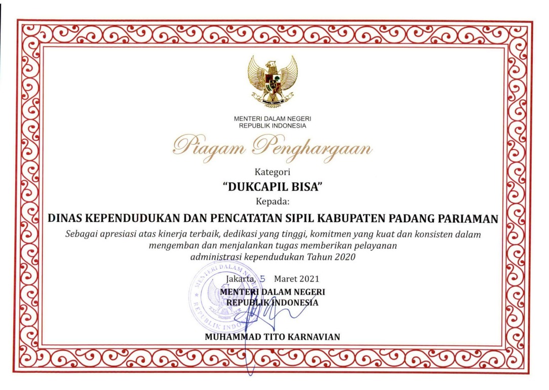 Dukcapil Ceria Padang Pariaman Terima Penghargaan Tingkat Nasional, DUKCAPIL BISA